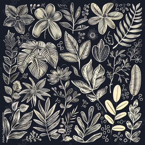 Botanical pattern featuring various foliage flowers line art gold black background. White ink handdrawn leaves floral elements fabric design wallpaper. Elegant golden flora doodle illustration