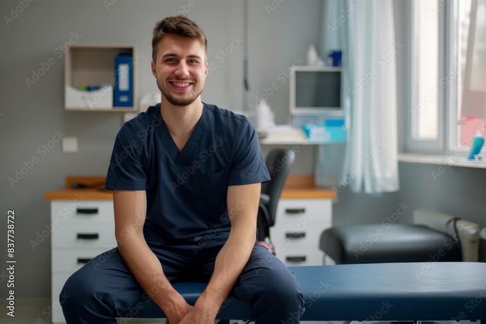 Smiling young physiotherapist man sitting on stretcher in medical clinic. Smiling young physiotherapist man sitting on stretcher in medical clinic.
