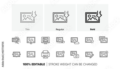 Print image, Photo camera, Upload picture icons. Photo line icons. Edit image, Play presentation and photo printer. Download picture, Gallery carousel, placeholder pic. View portfolio. Vector