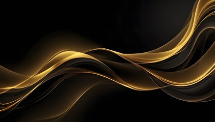 Beautiful black abstract luxury background with 3D texture of wavy lines with golden elements and smooth podium