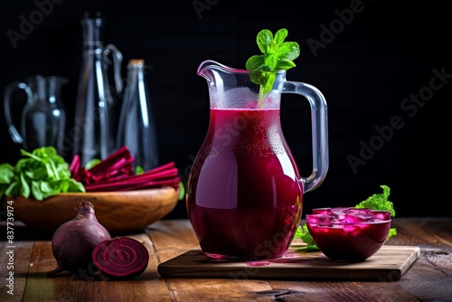A pitcher of beetroot juice placed on a kitchen counter, with whole beetroots and a juicer in the background