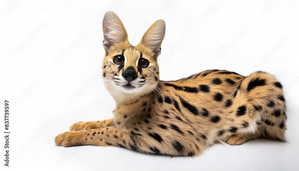Obraz premium Serval - Leptailurus serval - is a wild cat native to Africa. It is widespread in sub Saharan countries, except rain forest regions. It has a small head, large ears, a yellow to buff coat with spots