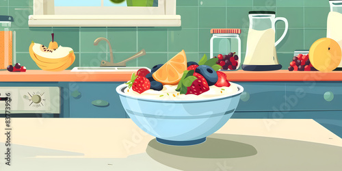 Fresh and Healthy Fruit Bowl in a Cozy Home Kitchen, Fruit and Bowl in a Family Kitchen