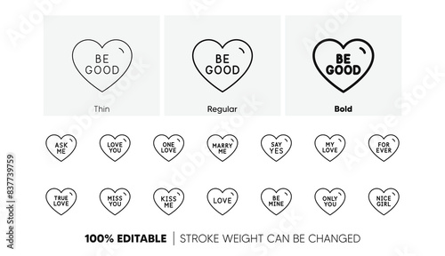 Sweetheart for valentines day, love heart, romantic message. Sweet heart line icons. Marry me, kiss me, true love icons. Valentine flirt, dating message. Linear set. Line icons set. Vector