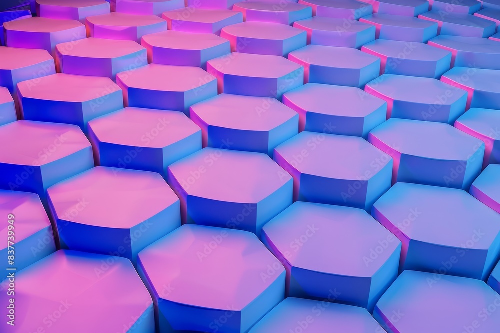 A mesmerizing pattern of 3D hexagonal shapes lit with ambient pink and blue lighting, creating a futuristic and abstract visual. A mesmerizing pattern of 3D hexagonal shapes lit with ambient pink and blue lighting, creating a futuristic and abstract visual.