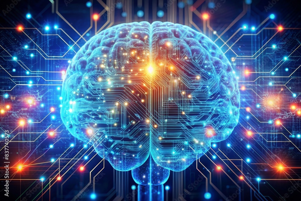 A digital illustration or hologram of a human brain with circuits and data streams, symbolizing the integration of AI technology with human cognitive processes A digital illustration or hologram of a human brain with circuits and data streams, symbolizing the integration of AI technology with human cognitive processes