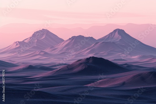 Majestic purple mountains during a serene sunrise  casting delicate shadows on rolling hills in a tranquil  ethereal landscape.