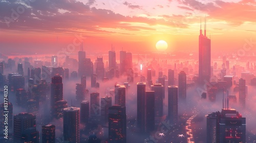 Panoramic View of Futuristic City with High Rise Buildings and Flying Cars at Dawn