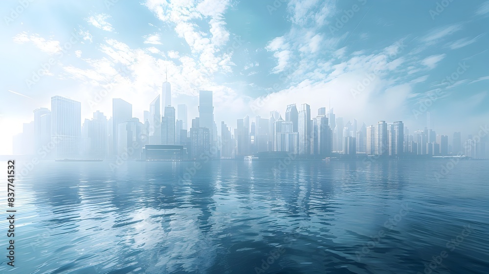 Fototapeta premium Expansive Coastal Cityscape with Towering Skyscrapers and Bustling Harbor