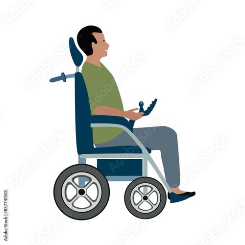 Happy young man rides in an electric wheelchair. Rehabilitation and adaptation of people with disabilities. Vector illustration on a white background.