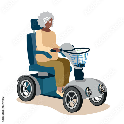 Happy elderly woman in a power wheelchair goes to the store for shopping. Rehabilitation and adaptation of people with disabilities. Vector illustration on a white background.