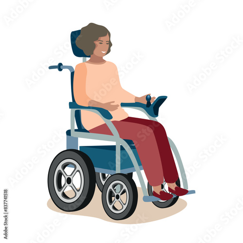 Happy young girl rides in an electric wheelchair. Rehabilitation and adaptation of people with disabilities. Vector illustration on a white background.