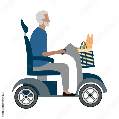 Happy elderly man in a power wheelchair rides with groceries from the store. Rehabilitation and adaptation of people with disabilities. Vector illustration on a white background.
