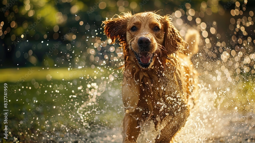 A joyful dog frolics through a sprinkler's spray, embracing the cool refreshment of playtime. A joyful dog frolics through a sprinkler's spray, embracing the cool refreshment of playtime.