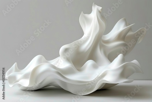 An elegant, abstract white sculpture with flowing, wave-like forms set against a minimalistic grey background.
