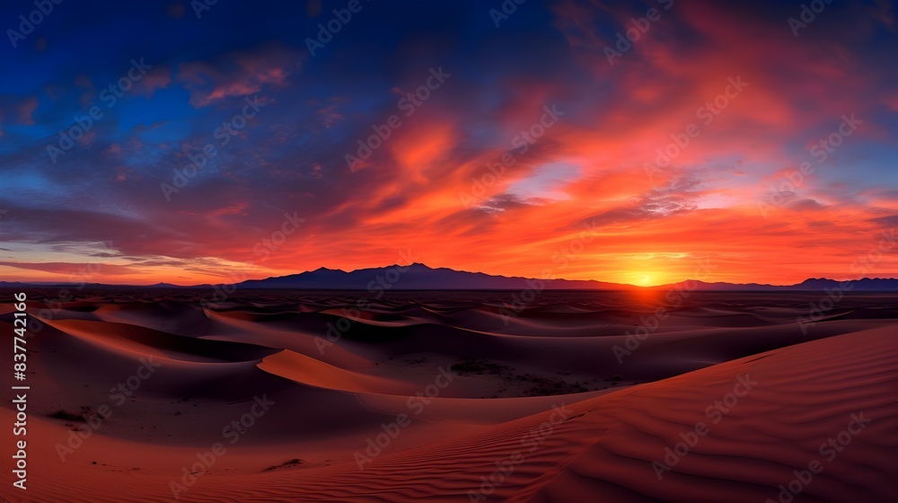 Breathtaking Desert Sunset Landscape with Dramatic Sand Dunes and Starry Sky Breathtaking Desert Sunset Landscape with Dramatic Sand Dunes and Starry Sky
