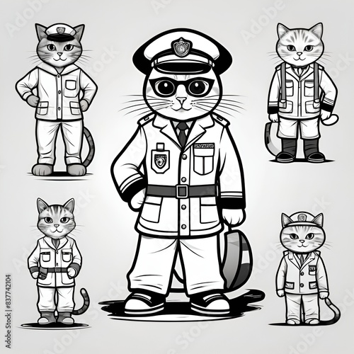 black and white outline art for kids coloring book pages of cat dressed up as professions, full white, childish style, full body, sketch style, (((((white background))))) photo