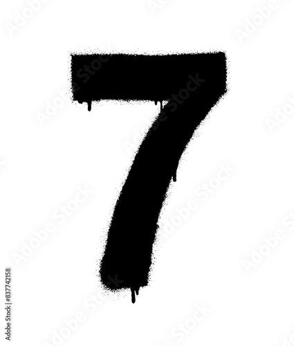 Stencil with the number 7 with paint smudges. Black symbol on a white background. Vector illustration