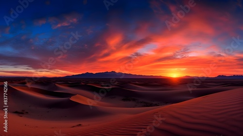 Breathtaking Desert Sunset Landscape with Dramatic Sand Dunes and Starry Sky