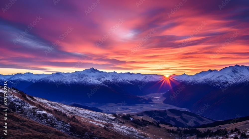 Breathtaking Sunrise Over a Majestic Mountain Range with Vibrant Orange and Pink Sky