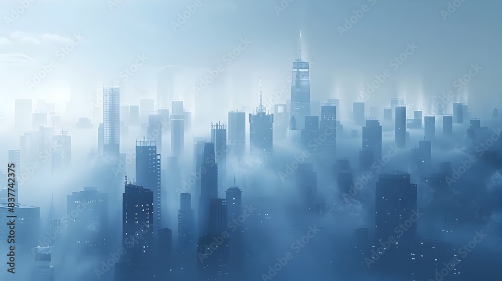 Towering Skyscrapers Emerging from Misty City Skyline Urban Landscape with Tall Buildings in Hazy Fog