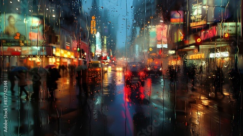 A rain-soaked window reflecting the blurred lights of a bustling city at night.