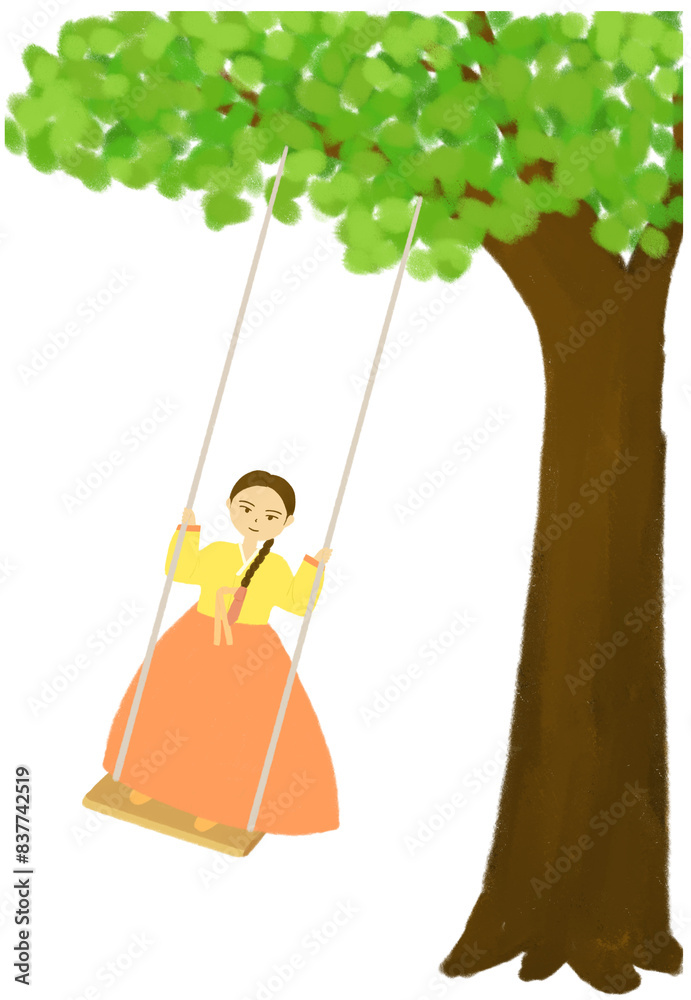 한국 전통의상 한복을 입고 그네타는 여자 Stock Illustration | Adobe Stock