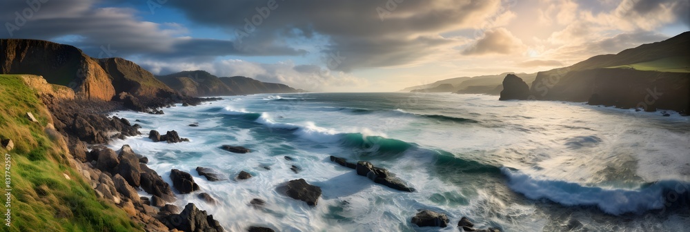 Dramatic Coastal Landscape with Crashing Waves and Rugged Cliffs Beneath Moody Skies Dramatic Coastal Landscape with Crashing Waves and Rugged Cliffs Beneath Moody Skies