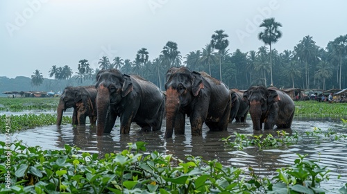 Ottappalam,Kerala, India- March 14, 2021: Mahouts, trainers, bathe their elephants in the Bharathapuzha river in a morning photo