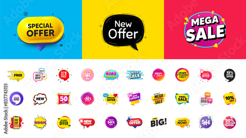 Offer discount tag banners. Price deal sale stickers. Best special offer tags. Flash sale bubble coupon. Promotion discount banner templates design. Buy offer sticker, mega bubble. Vector illustration