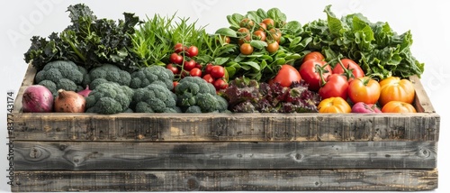 A rustic wooden crate overflowing with an assortment of fresh  organic vegetables including tomatoes  broccoli  onions  and leafy greens.