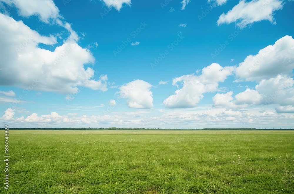 Expansive Green Field under a Cloudy Blue Sky Expansive Green Field under a Cloudy Blue Sky