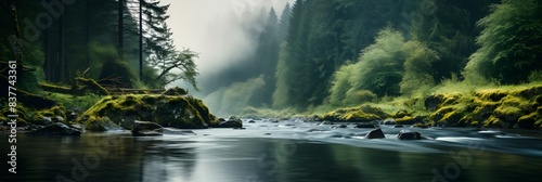 Peaceful River Winding Through Misty Forest Landscape