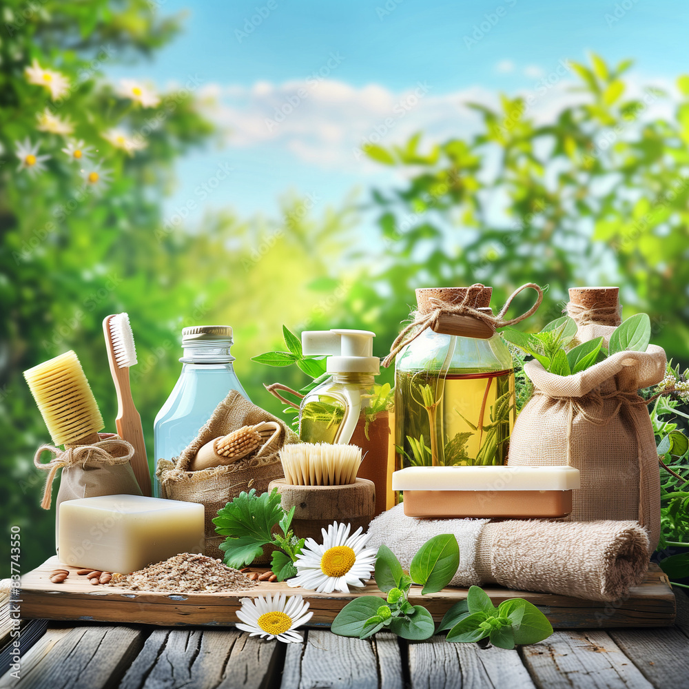 organic products arranged on a rustic wooden table in a natural setting organic products arranged on a rustic wooden table in a natural setting