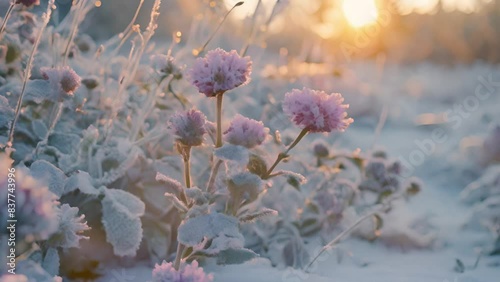 Tranquil winter scene, frost covered flowers at sunrise photo