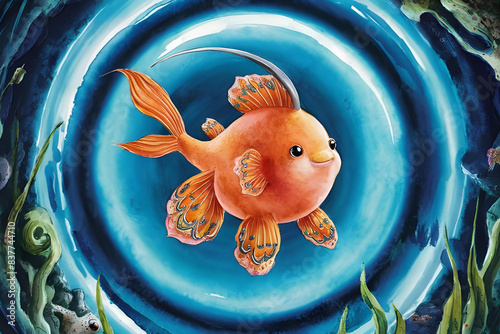 cute orange balloon molly fish swordtail on blue circle round , water color style photo