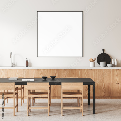 Home kitchen interior with cooking cabinet and dinner table. Mockup poster