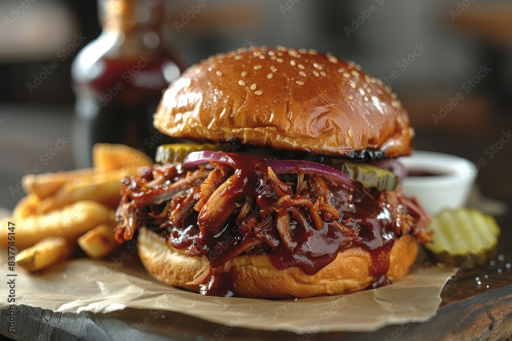 Pulled Pork Sandwich - Pulled pork in a soft bun with BBQ sauce and pickles. Pulled Pork Sandwich - Pulled pork in a soft bun with BBQ sauce and pickles.