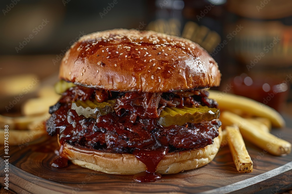 Pulled Pork Sandwich - Pulled pork in a soft bun with BBQ sauce and pickles. Pulled Pork Sandwich - Pulled pork in a soft bun with BBQ sauce and pickles.