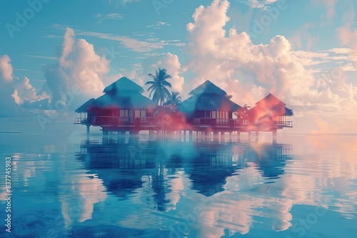 Island resort, overwater bungalows, turquoise lagoon close up, focus on, copy space Double exposure silhouette with serene island photo
