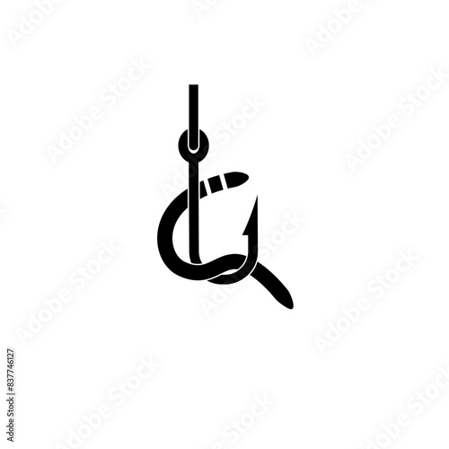 Barbed Fish Hook with Worm Solid Flat Vector Icon Isolated on White Background.