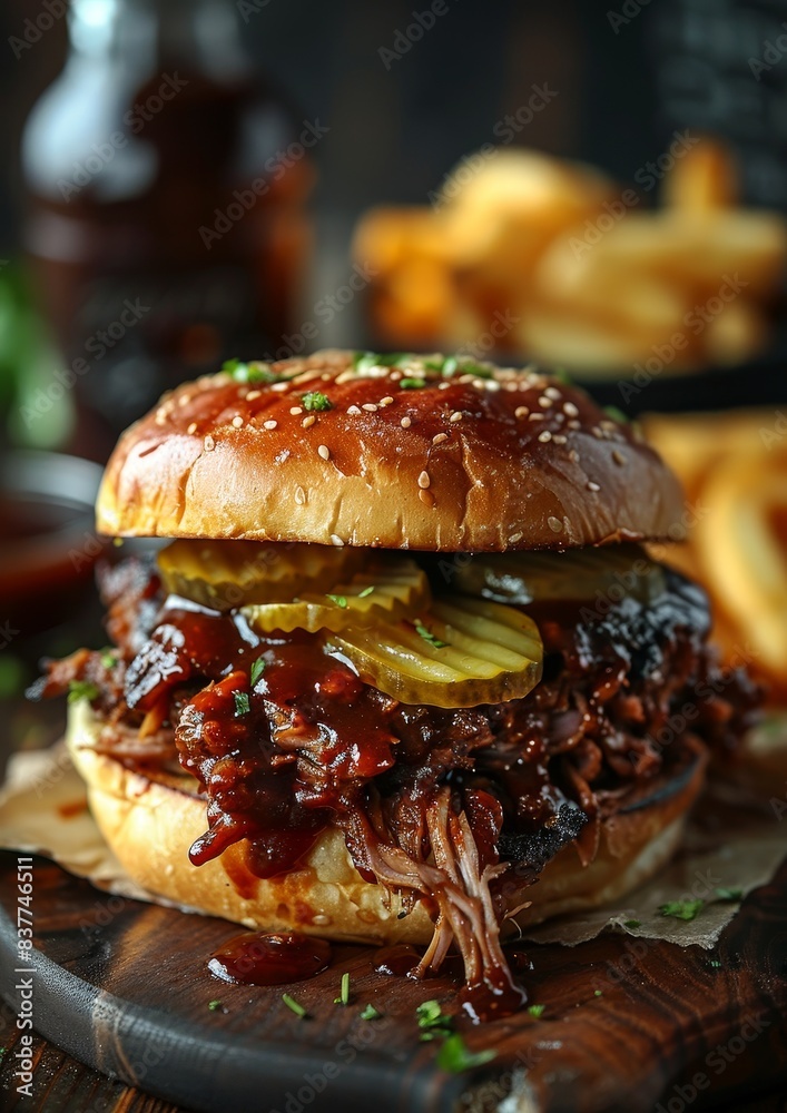 Pulled Pork Sandwich - Pulled pork in a soft bun with BBQ sauce and pickles. Pulled Pork Sandwich - Pulled pork in a soft bun with BBQ sauce and pickles.
