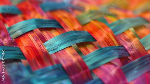Close-up view of a vibrant woven textile pattern with an array of vivid colors, creating a visually striking and textured background. photo