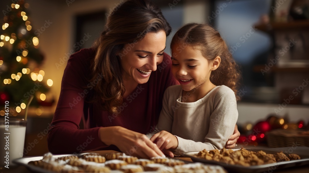 Loving Mother and Daughter Baking Christmas Cookies Together in a Festive Kitchen Loving Mother and Daughter Baking Christmas Cookies Together in a Festive Kitchen