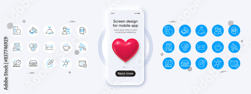Phone mockup with 3d heart icon. Column diagram, Security app and Chemical formula line icons. Pack of Timer, Ceiling lamp, Calendar icon. Like, Card, Cyber attack pictogram. Vector