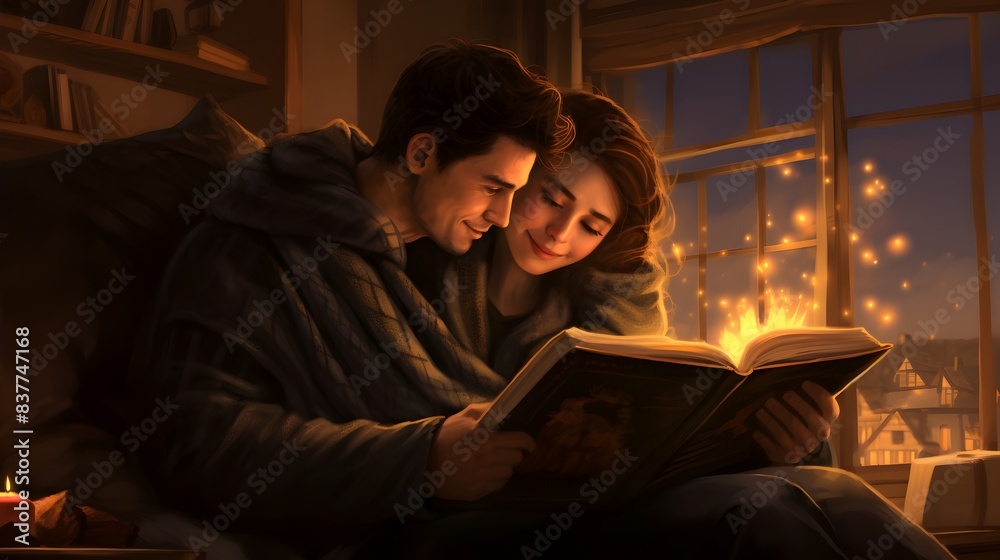 Cozy Nook Couple Reading Books Together with Soft Lighting and Blankets Cozy Nook Couple Reading Books Together with Soft Lighting and Blankets