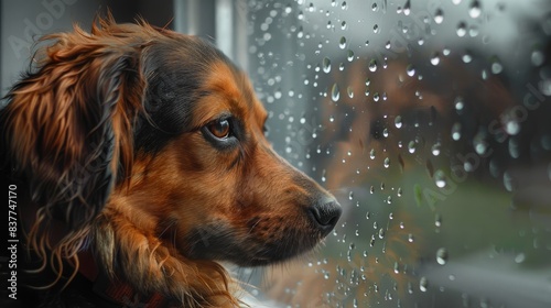 A sad dog stares out the window, raindrops mirroring its somber mood.