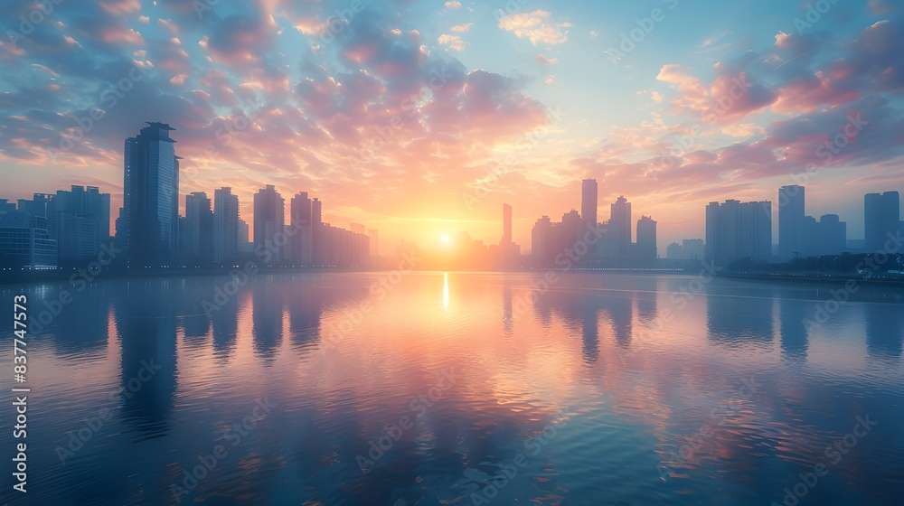 Stunning Cityscape at Dawn with Tall Buildings and Serene River Reflection