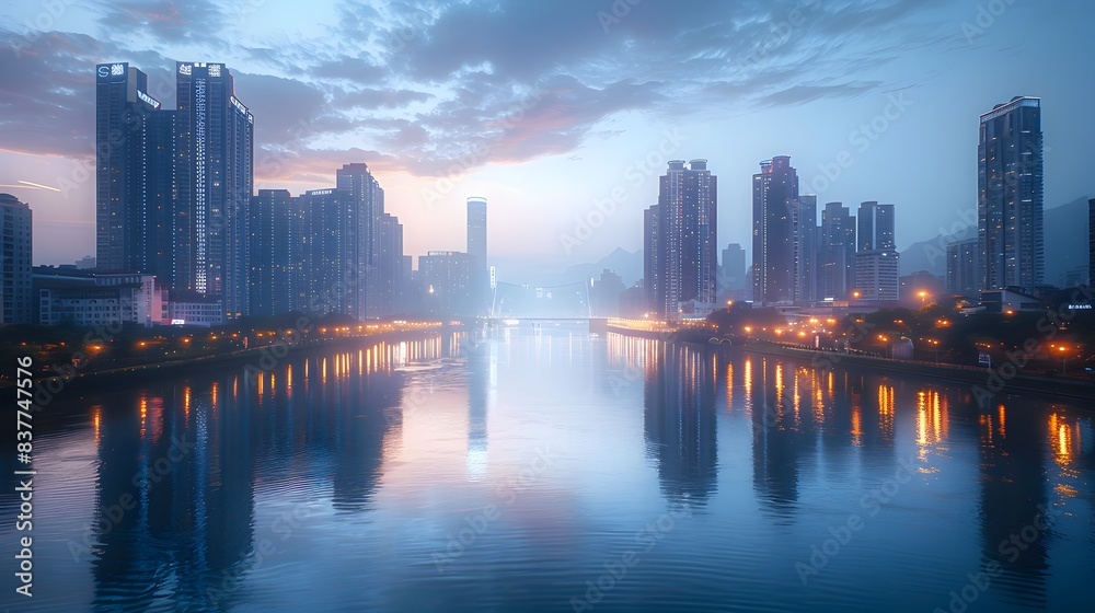 Serene Cityscape Reflected in Tranquil River at Dawn