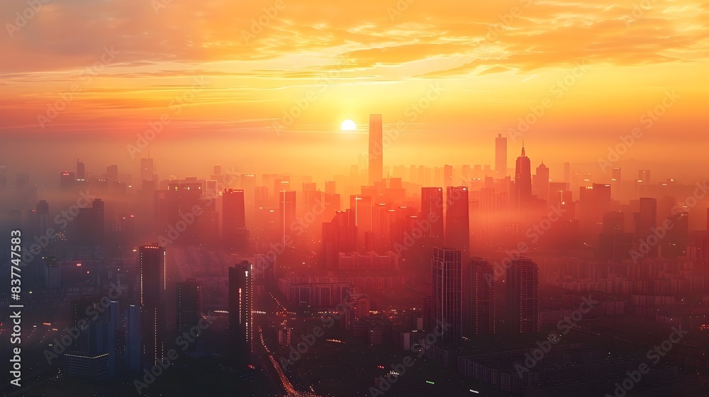 Panoramic View of Glowing Cityscape at Dusk with Majestic Skyscrapers Silhouetted against Vibrant Sunset Sky